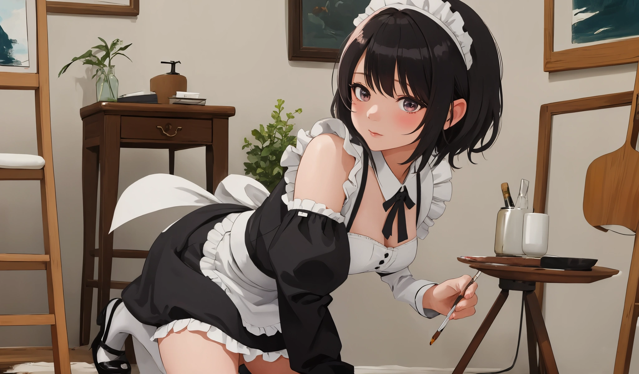 highest quality、masterpiece、((1 girl:1.5))、((smile:1.3))、(blush:1.4)、Black Shirt、blouse、((fun!!))、(Small breasts)、()、、(Long sleeve)、((White apron:1.5))、((Maid))、((hair ornaments)),、Kamimei、look at me、 ((in house:1.5))、 Taking a break from watching the audience、Cowboy Shot、((Shaved:1.5))、(Roll-up skirt:1.3)、(Fully exposed and highly detailed labia:1.5)、((Skirt lift:1.5)),()、()、、(スカート that rolls up:1.3)、()、Light blue eyes、long hair、Glowing Eyes