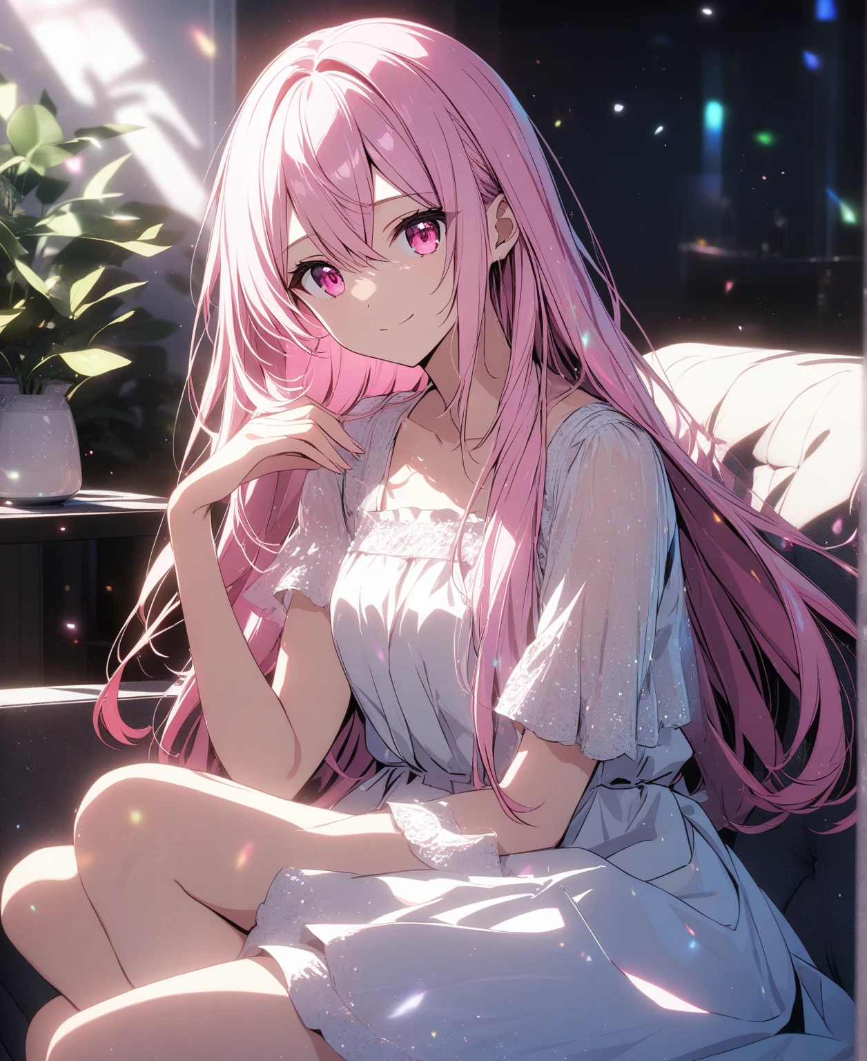Wearing pink headphones on his head,in a white shirt,Exposed panties,Pink hair,The face is very red,Wearing blue and white striped panties,Expose the collarbone,There are dull hairs on the head,are standing,Background in the house,long whitr hair,white backgrounid,white stockings,ssmile,Pink cat ears,The character is facing us,Pink collar,eBlue eyes,Keep your hands behind your back Don't go outdoors Don't lean to one side Wear pink headphones on your head