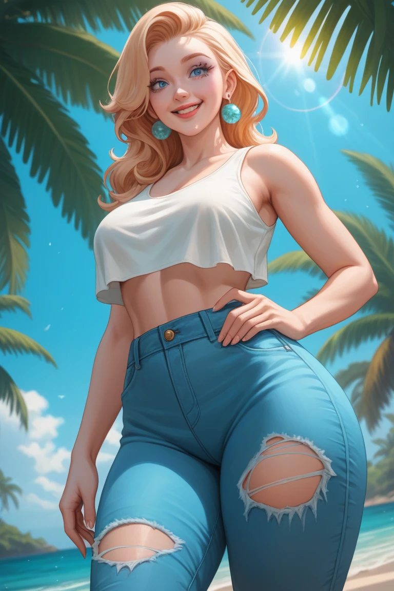 (((masterpiece))), Create an ultra-high resolution image with photorealistic details, 8K quality, sharp focus, and impeccable lighting. Utilize advanced rendering techniques, ray tracing, and global illumination for maximum realism.

Of a curvy woman, on a deserted tropical island. She has (ivory skin), and (peach lips), and a (gentle, warm smile). She has (long blond hair). Her face has (deep bleu eyes) and (light peach eyeshadow). (Delicate pearl earrings).Emphasis on natural hanging (breasts:0.9) and rounded (ass:0.9).

Outfit: Wearing a (loosely worn, soft, strappy white tank top, with visibly (torn0.5)), and, a (loosely worn, soft indigo beach pants, made of soft,cotton fabric, with visible (torn:1.4)). Barefoot.

Pose and Setting: Standing, exuding a graceful, serene presence. The background includes (bright daylight), gentle waves below the beach, and a soft breeze in her hair. Shot with a 50mm lens, light bokeh, depth of field, (focus from the front, focus on her breasts, from below, to (capture a (romantic:1.3), and (erotic1.0), atmosphere).