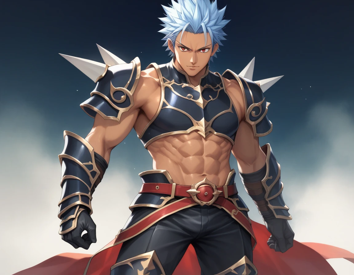 Anime man+light blue skin+ medieval setting+golden eyes+muscular body