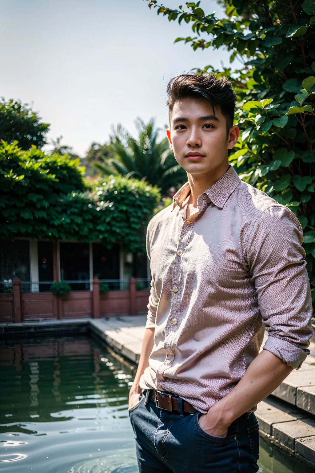  A muscular young Asian man looking at the camera.  Wearing a light-colored buttoned shirt  ,Shirt unbuttoned with three buttons 。  Forest river sun looking at sky 
