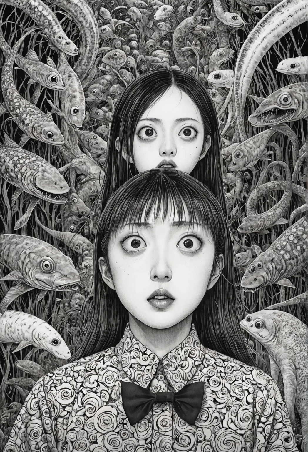[(Junji Ito:1.4), creepy, dark, black and white, detailed line art, unsettling, horror manga style, twisted, psychological horror, grotesque, morbid, surreal]