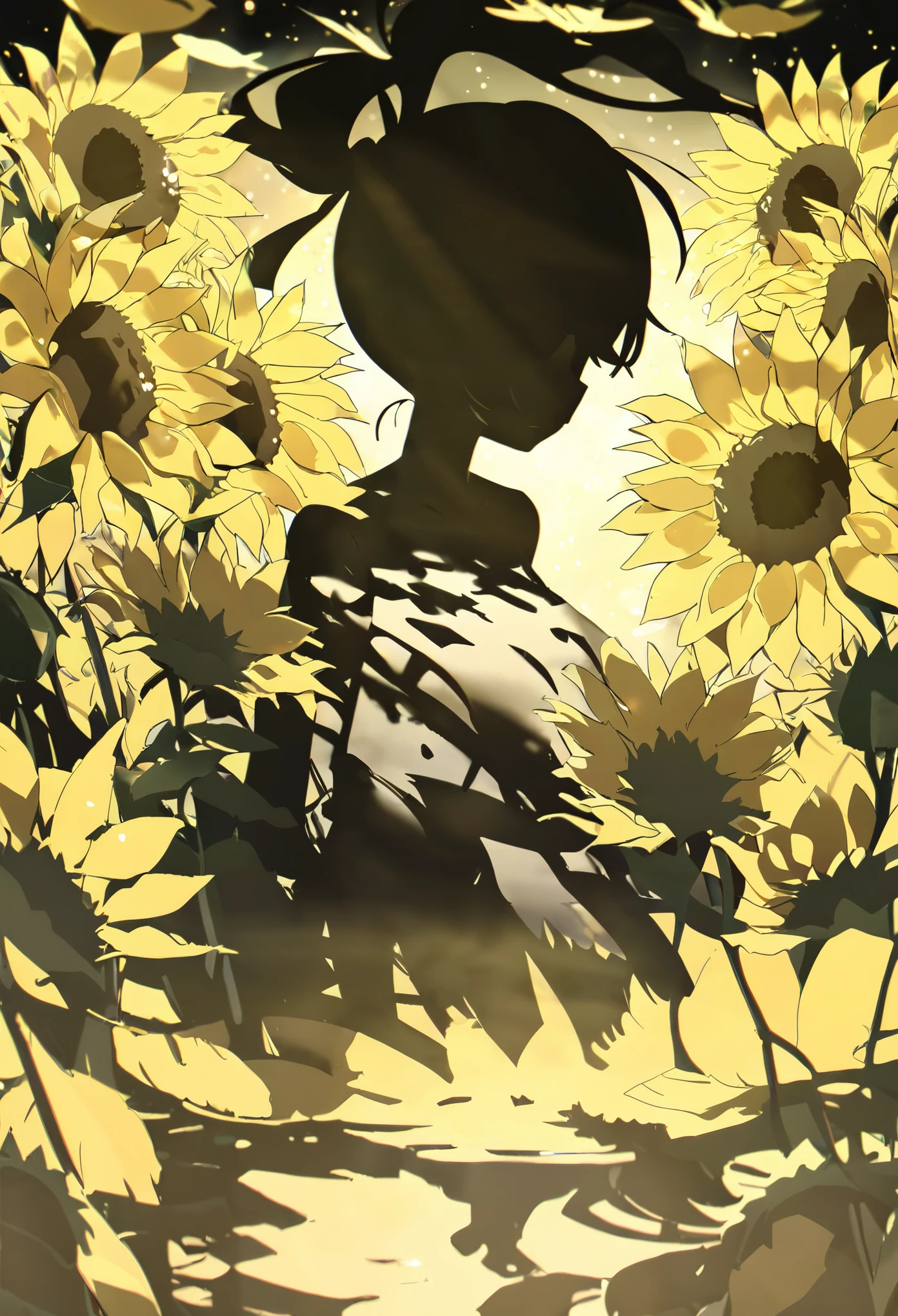 1 Girl，A giant sunflower in the hand of a slanted ponytail ，Short stature，whole body，Silhouette， Black background， golden light ，手中的巨大向日葵，Ripples under the feet ，Light Particles， black figures ，Holiness，Movie Posters， figures occupy a small area 