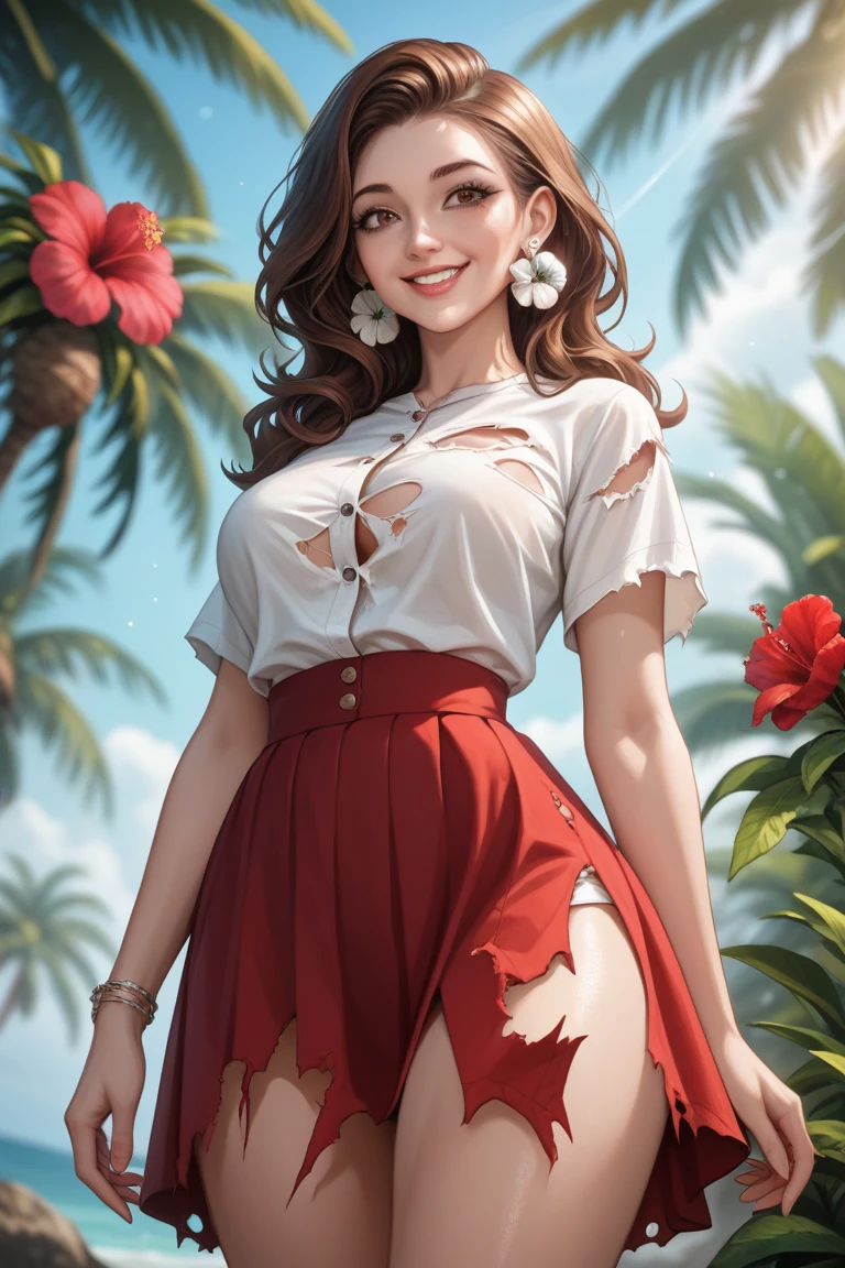 (((masterpiece))), Create an ultra-high resolution image with photorealistic details, 8K quality, sharp focus, and impeccable lighting. Utilize advanced rendering techniques, ray tracing, and global illumination for maximum realism.

Of a very curvy woman, on a deserted tropical island. She has (soft beige skin), and (soft rose lips), and a (gentle, warm smile). She has (long brown hair). Her face has (deep brown eyes) and (warm brown eyeshadow). (Delicate ruby stone earrings, and a hibiscus flower in her hair). Emphasis on natural hanging (breasts:1.3) and rounded (ass:1.3).

Outfit: Wearing a (soft, white oversized button-down shirt that’s loosely tied at the waist, visibly (torn0.5)) and , a (loose worn, airy red skirt made of soft,cotton fabric with visible (torn:1.4)). Barefoot.

Pose and Setting: Standing, exuding a graceful, serene presence. The background includes (bright daylight), gentle waves below the beach, and a soft breeze in her hair. Shot with a 50mm lens, light bokeh, depth of field, (focus from the front, focus on her breasts, from below, to (capture a (romantic:1.3), and (erotic1.0), atmosphere).