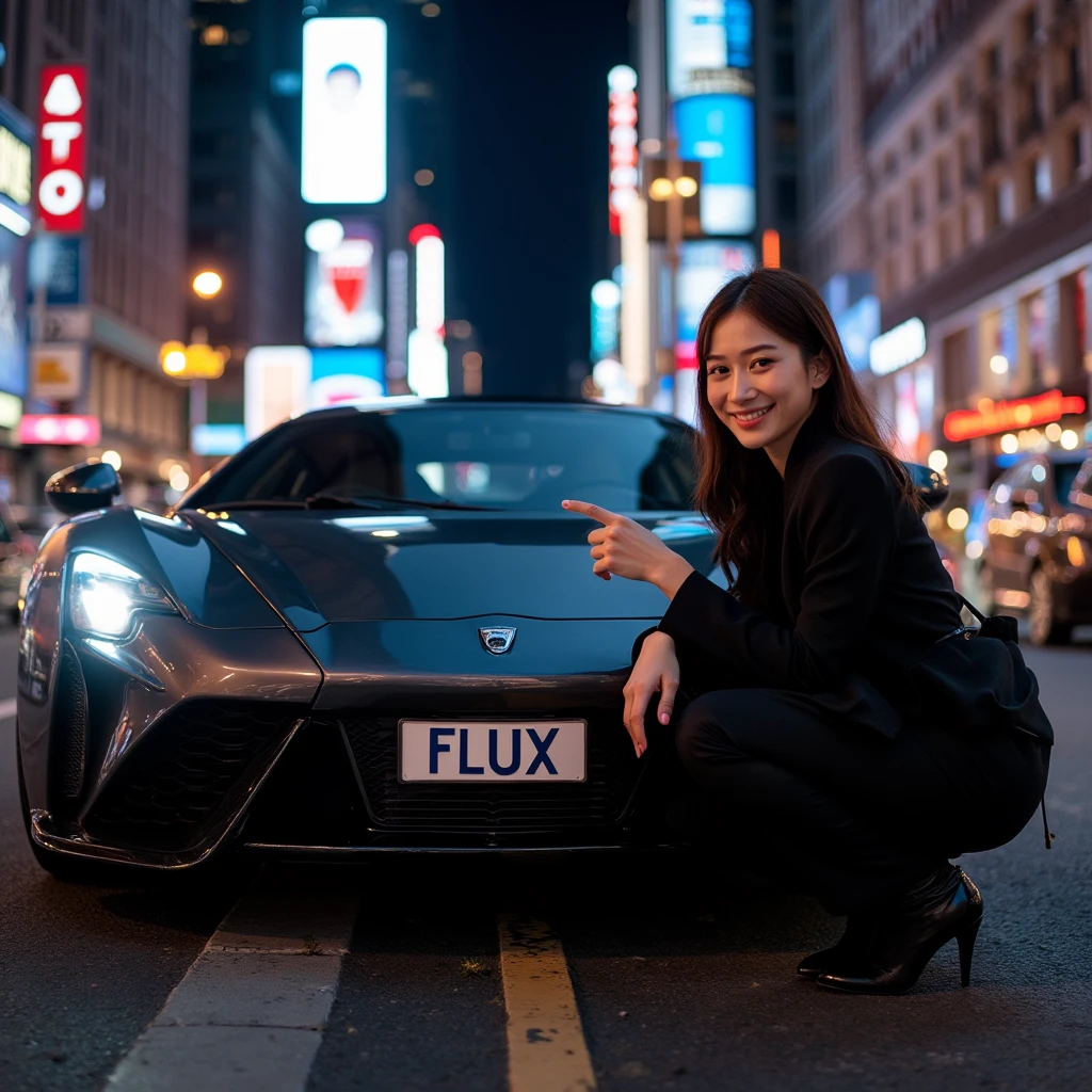 Create an ultra-realistic image of a luxury sports car parked on a busy New York street at night, shown from the front. The car should be sleek and modern, with its bodywork gleaming under the city lights. Focus on the license plate, which should read 'FLUX' in bold, clear letters. Next to the car, place an elegantly dressed East Asian woman in a stylish outfit, squatting beside the car. She should be smiling confidently, pointing to the license plate and facing the camera as if showcasing a unique number.

The background should feature iconic New York architecture and a vibrant city atmosphere, complete with soft bokeh effects to draw attention to the car plate and the woman. Ensure maximum realism and detail, conveying the texture of the car's body, the precision of the letters on the license plate, and the dynamic lighting effects on the street. Use a long lens to achieve photorealistic quality."