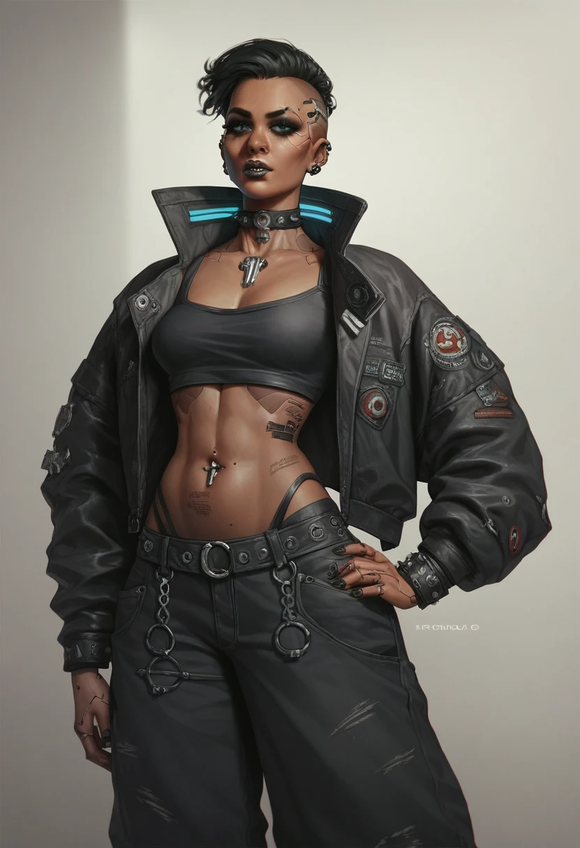 An outfit for a character from the series arcane, grunge/goth dark clothes, dark skin, dark , fluorescent, baggy pants and clothes, detailed clothes, Steampunk, cyberpunk, very detailed