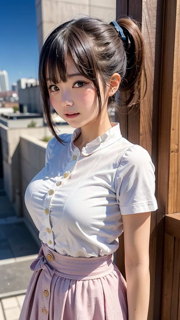 masterpiece, best quality, photorealistic, raw photo, DSLR, beautiful Japanese girl, 15-year-old, solo, highly detailed fair skin, shiny skin, realistic face, beautiful face, no makeup face, (highly detailed realistic eyes), beautiful eyes, bright eyes, double eyelids, look at viewer, (black short hair), (dark short hair), bangs, disheveled hair, slim figure, slim face, big breasts, ((school uniform, short sleeve, pleated skirt, dirt road)), beautiful lighting, perfect lighting, realistic shadows, highly detailed, highly delicate and beautiful, ultra high resolution, 8k UHD wallpaper,Take off your clothes