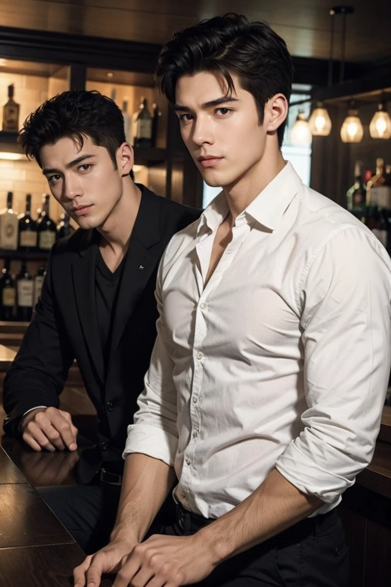  Dim Light ，in the bar，2 handsome, sexy and handsome boys，Short hair，masterpiece