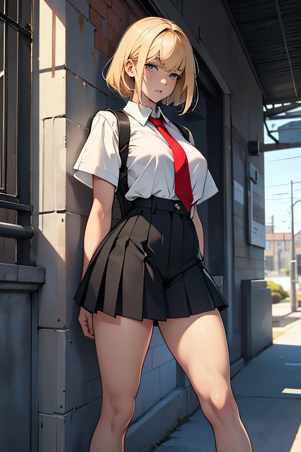 ((masterpiece)), (best quality:1.7), (detailed:1.4), (high res:1.4), 8k, (colorful:1.5), high resolution, sharped image, 4k, hd, (beautiful detailed background:1.2), (beautiful lighting:1.2), (highly detailed:1.2), perfect lighting, (8k wallpaper:1.2), (highly detailed:1.2), (extremely detailed CG:1.2), ((((only blonde short hair ponytail with a red ribbon)))), (((large chest))), (((busty))), curvy figure, (((light blue eyes))), (school girl outfit), (black jacket and tight unbuttoned white shirt and short flowing black pleated skirt with belt and tight black stocking leggings, red lace bra showing under shirt), mature, older, human adult, short, full body