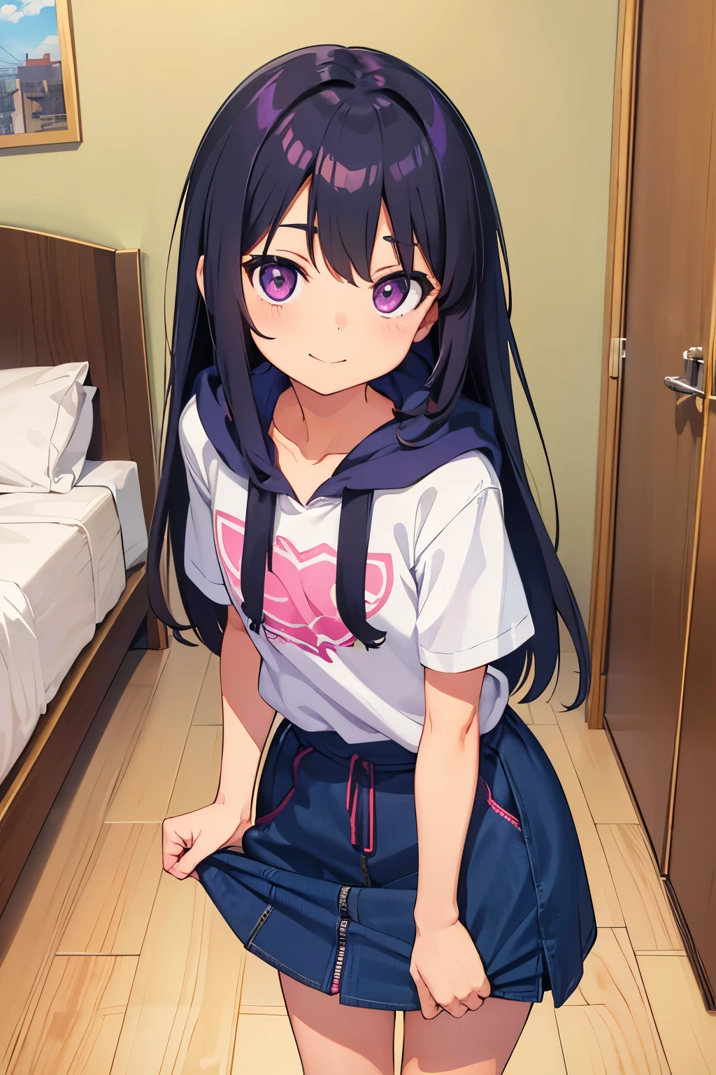 flat chest black hair long hair smile Purple Eyes ((One person)) pink upper body hooded hoodie standing at the entrance of a condominium Navy blue denim skirt for lower body white panties (( I can see my panties)) One-room apartment room Bookshelf bed Otaku's Room 脚を開いて bedに座っている Lower body center dynamic angle low angle