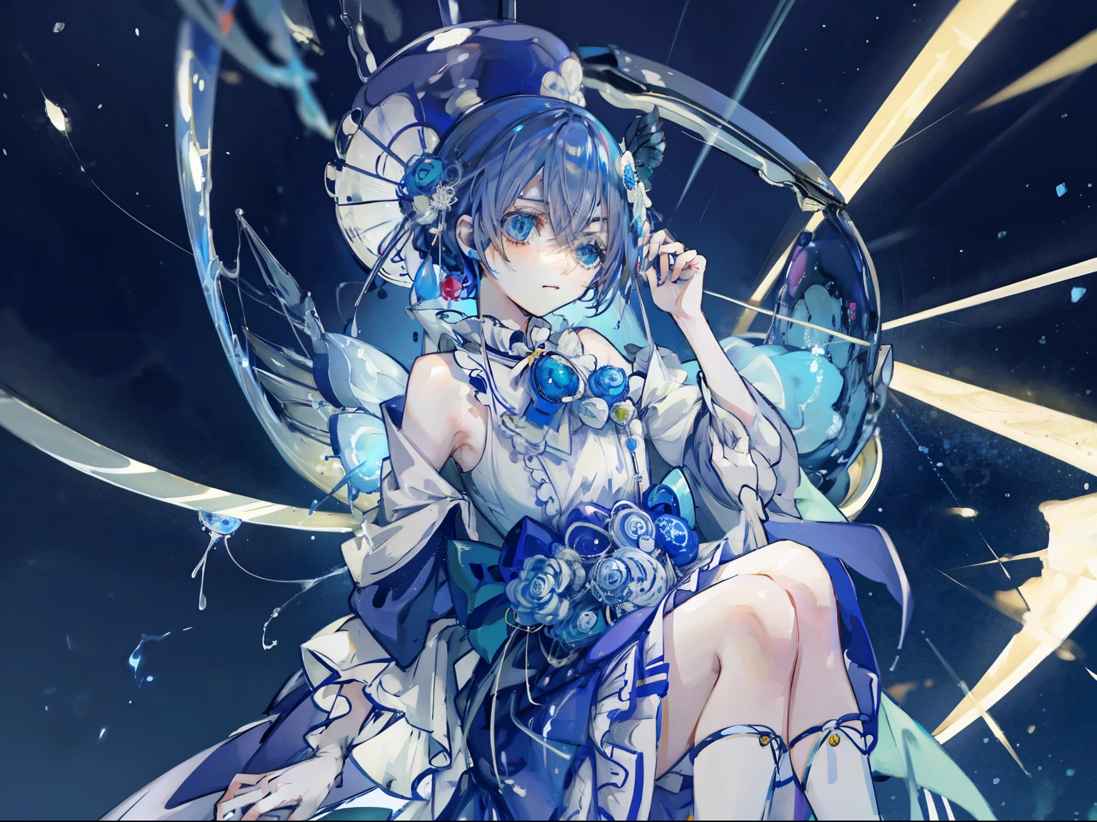 Wearing a blue dress、 Anime Girl with Jelly Floating on Her Body, Jellyfish Priestess, Wallpaper Anime Blue Sea , Glowing blue, glowing water element, Ethereal Anime, Jellyfish Shrine Maiden , Magical Dress , Ethereal Essence, Anime Art Wallpaper 8K, flowing dress, Beautiful anime art, fantasy art style , beautiful fantasy anime , Anime girl walking on water