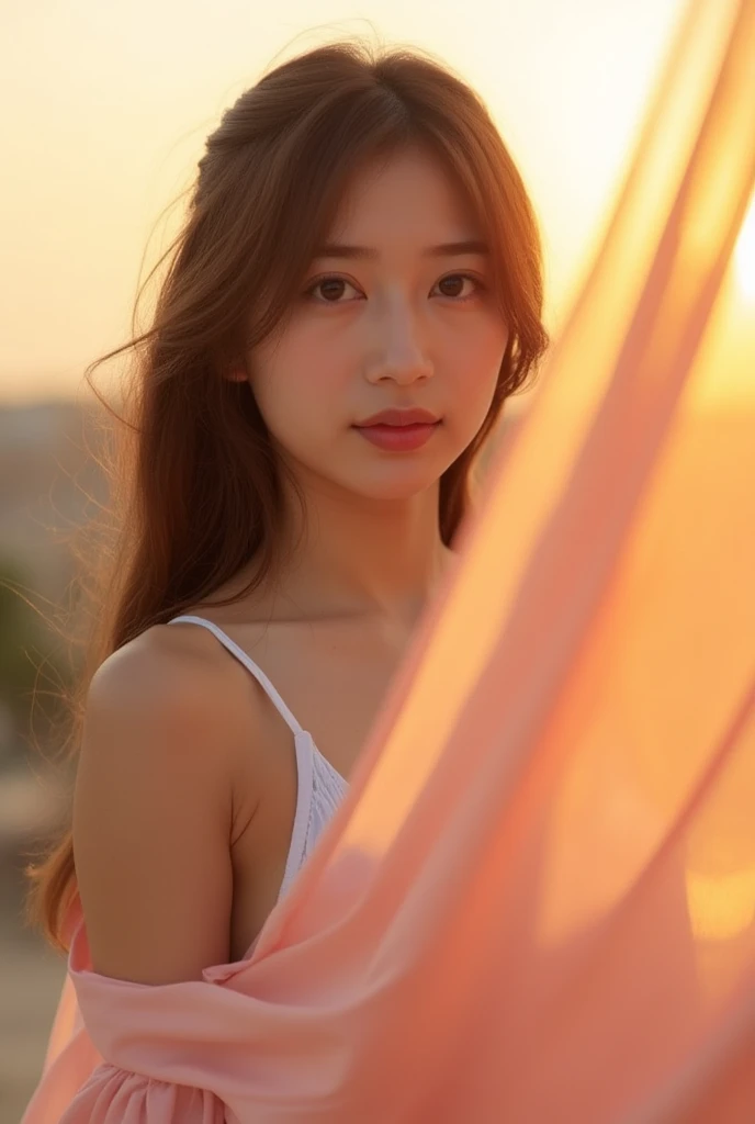 beautiful asian woman. She wears modern top , graceful , pastel colors . cloth fabrics flowing around her. sunset . confident expression .