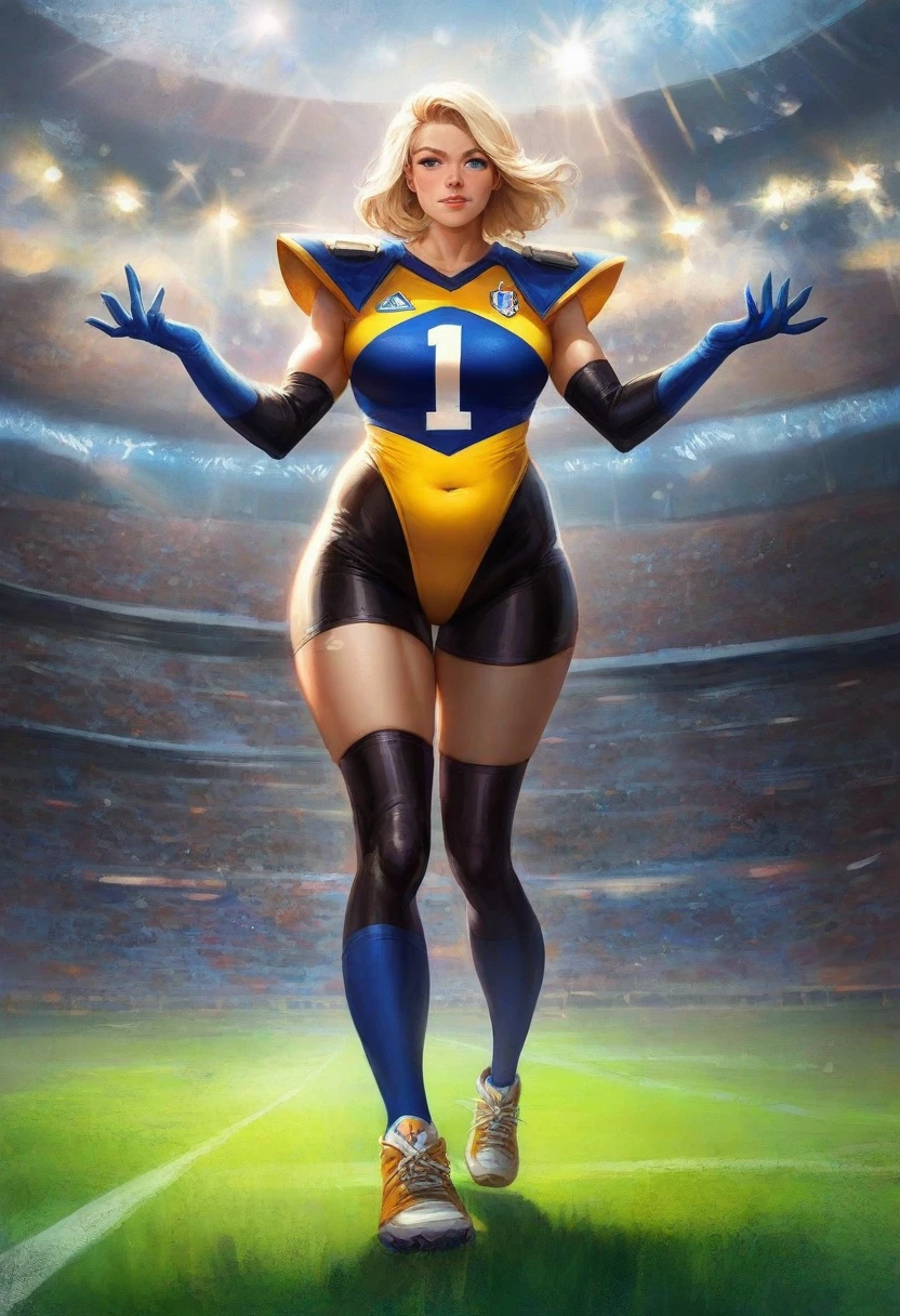   1 woman  , leather costume , Full body photo,  of the Women's National Football League, medium hair , Realistic background, American football stadium background  , Age 23  ,   Slavic beauty  ,  She is a beautiful blonde young woman(LFL) costume with exposed cleavage .  , ( Wearing a   ),  A sexy long-sleeved leotard ,  blue open finger gloves     ,    wearing shoulder protectors  ,    black stockings  ,    captured in ultra-high resolution, and   ,   sharp eyes  ,   confident expression  ,   realistic body   , 키가 big,    blue eyes, muscular body,  big , Detailed Abs ,    something like an anime with the lights off  ,   This masterpiece is in the highest quality and is set against an American soccer stadium,  (weight: 1.4). (Full body portrait)