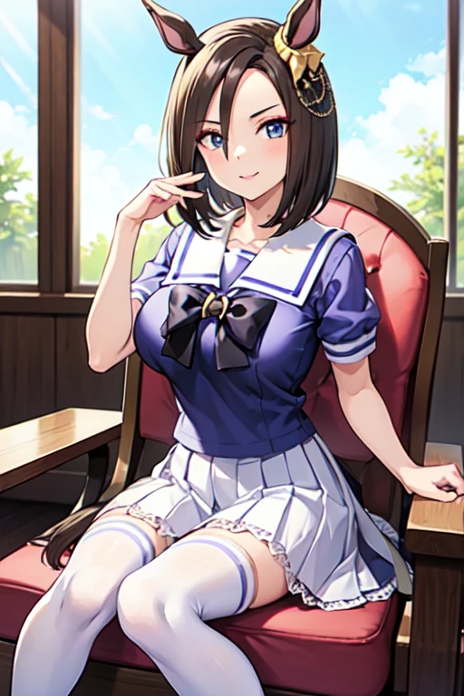 Air Groove、One person、 girl、Horse tail、best quality,large breasts,seductive smile,tracen school uniform, sailor collar, bowtie, purple shirt, sailor shirt, short sleeves, white skirt, white thighhighs,white kneehighs,Narrowed sleeves, long chair,sitting,blue line on the edge of the white skirt,
