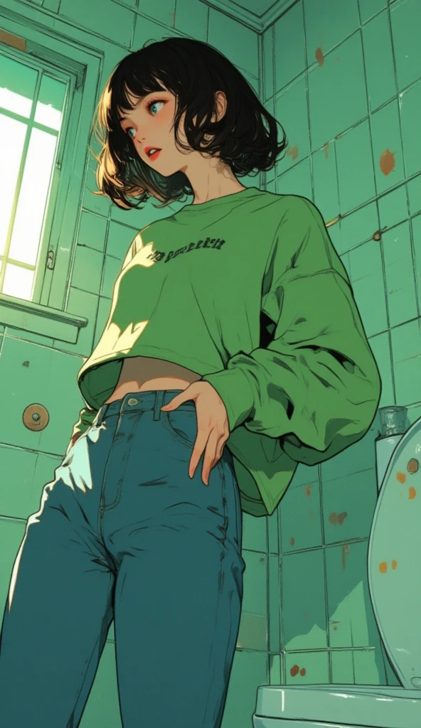 1woman, 1girl, solo woman, 1 person, single person, woman with a black baggy shirt and blue jeans, full body portrait, girl fanart, !!full body portrait!!, fullbody portrait, full body character portrait, full-body character portrait, detailed full body portrait, character full body portrait, full body illustration, anime full body illustration, anime style character, short brown hair, combat boots, green eyes, Black sweater, freckles, hoop earings, loose sweater, baggy sweater, color black, ((Oversized sweater)) ((no item in hands)) ((Black sweater)) ((Black clothing)) ((BROWN HAIR)) ((SHORT HAIR)) ((LEWD)) ((naughty)) ((Showing skin)) ((No skirt))