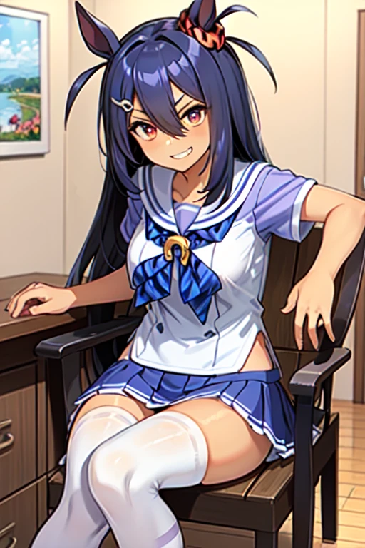 Hishi Amazon、One person、 girl、best quality,  smug,grin,tracen school uniform, sailor collar, bowtie, purple shirt, sailor shirt, short sleeves, white skirt, white thighhighs,white kneehighs,Narrowed sleeves, long chair,sitting,blue line on the edge of the white skirt,
