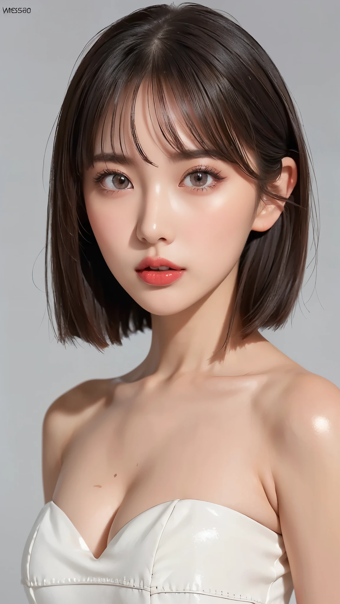  girl, bangs,(wacky dress :1.3,Fantastic dress:1.1),  gray background,  hair between eyes , Big Breasts,   viewer,  open lips, red eyes,   simple background, Alone,((Creative hairstyle)),(shiny skin),(masterpiece:1.4),(Best Quality:1.4),Red lips,Huge,,((( detailed face,Clear Face, full body shot))),( detailed face,detailed expression)