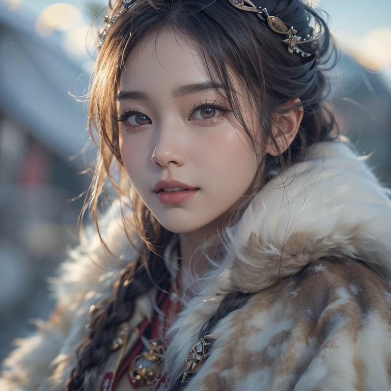 Hiding in the snowy mountains、Hair Flow、 ((Highest quality、masterpiece、8k、Best image quality、Ultra-high resolution、Award-winning works)、(Accurate anatomy:1.1)、(Look at me and smile:1.1)、Shining fair skin with Ultra-high resolution、The most detailed face、Ultra-high resolution detailed face、Ultra-high resolutionの髪の毛、(Ultra-high resolutionの煌めく瞳:1.1)、Beautiful face drawn in every detail、(Blurred Background:1.1)、Ancient Inuit clothing, Chest to chest, tattoo, Old ruins in the background、he'that'big, You have a real hawk on your shoulder..
