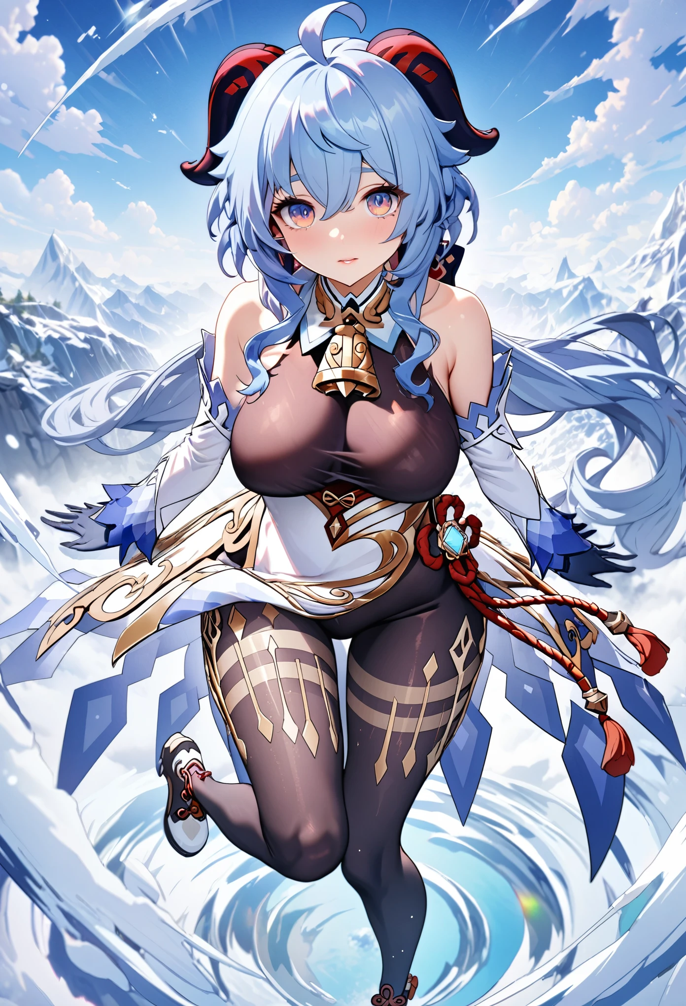 Masterpiece, Best Quality, High Resolution, 1girl, Blue Hair, Long Hair, Extra Long Hair, Ponytail, Bangs, Hair Between Eyes, Side Hair, Ahoge, Goat Horn, Horn, Purple Eyes, Bells, Cowbells, Neckbells, Collars, Split Collars, White Collars, Off-the-Shoulders, Pantyhose, Black Pantyhose, Bodystocking, Bodystocking Under Clothes, Pelvic Curtain, Sleeve Removal, White Sleeves, Long Sleeves, Gold Trim, Giant Breasts, Cleavage, Gloves, Black Glove , ribbon, leg strap, ankle strap, white footwear, visual (genshin impact), ganyu \ (genshin impact \), outdoor, snow, mountain, standing, expressionless,