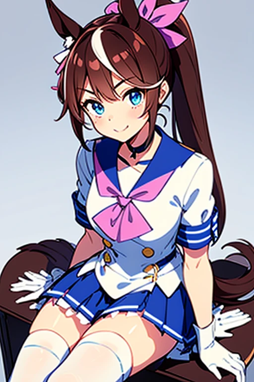 One girl, Alone, smile, Tokai Teio , High Ponytail, fake animal tails,best quality, tracen school uniform, sailor collar, bowtie, purple shirt, sailor shirt, short sleeves, white skirt, white thighhighs,white kneehighs,Narrowed sleeves, long chair,sitting,blue line on the edge of the white skirt,