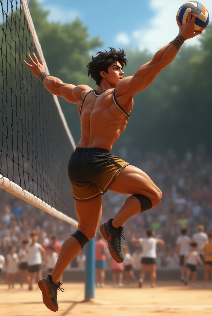 photorealistic, best quality, masterpiece, extremely detailed, sexy, homoerotic, extremely handsome, youthful, 25 year old handsome and athletic korean man, fair skin, (((muscular bodybuilder))), (((massive thighs))), wearing skimpy thong, shirtless, round bubble butt, very sweaty, jumps up to catch a volleyball, happy, at park, extremely romantic atmosphere, perfect face, perfect fingers, perfect hands, perfection