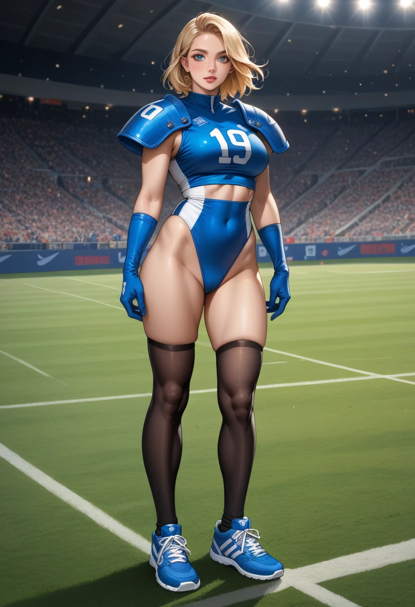   1 woman  , leather costume , Full body photo,  of the Women's National Football League, medium hair , Realistic background, American football stadium background  , Age 23  ,   Slavic beauty  ,  She is a beautiful blonde young woman(LFL) costume with exposed cleavage .  , ( Wearing a   ),  A sexy long-sleeved leotard ,  blue open finger gloves     ,    wearing shoulder protectors  ,    black stockings  ,    captured in ultra-high resolution, and   ,   sharp eyes  ,   confident expression  ,   realistic body   , 키가 big,    blue eyes, muscular body,  big , Detailed Abs ,    something like an anime with the lights off  ,   This masterpiece is in the highest quality and is set against an American soccer stadium,  (weight: 1.4). (Full body portrait)