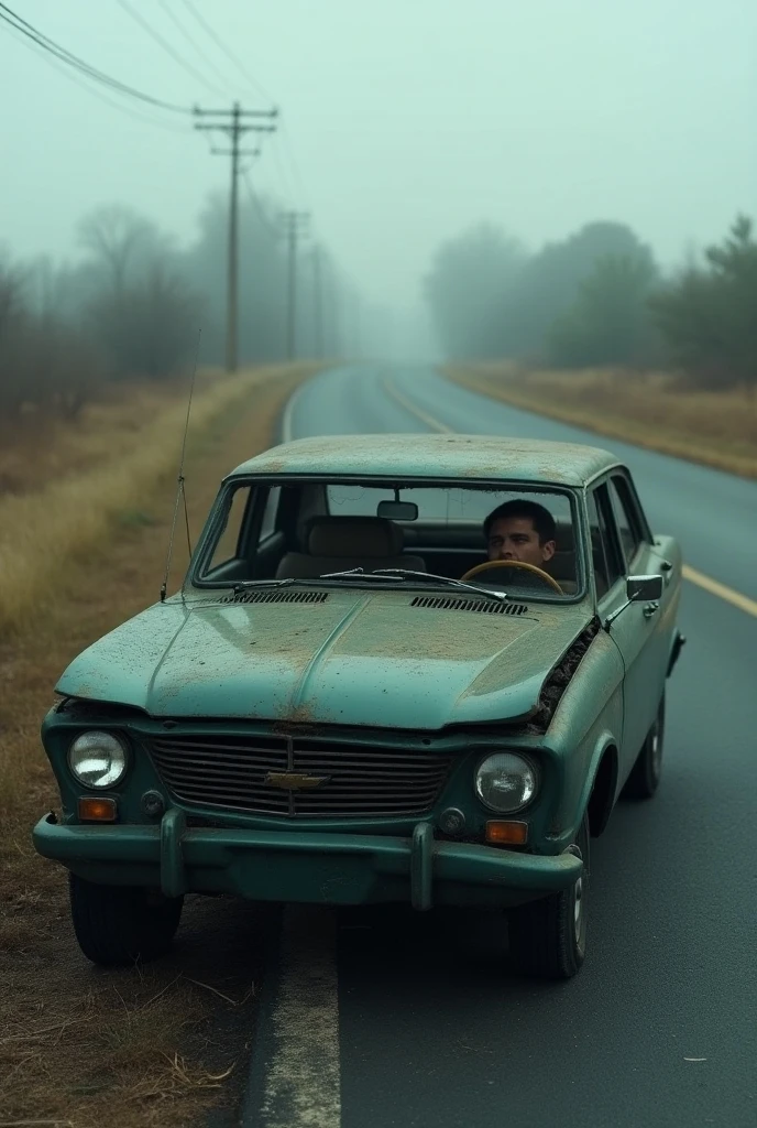 A depressed man on a demage broken car drawn in a water