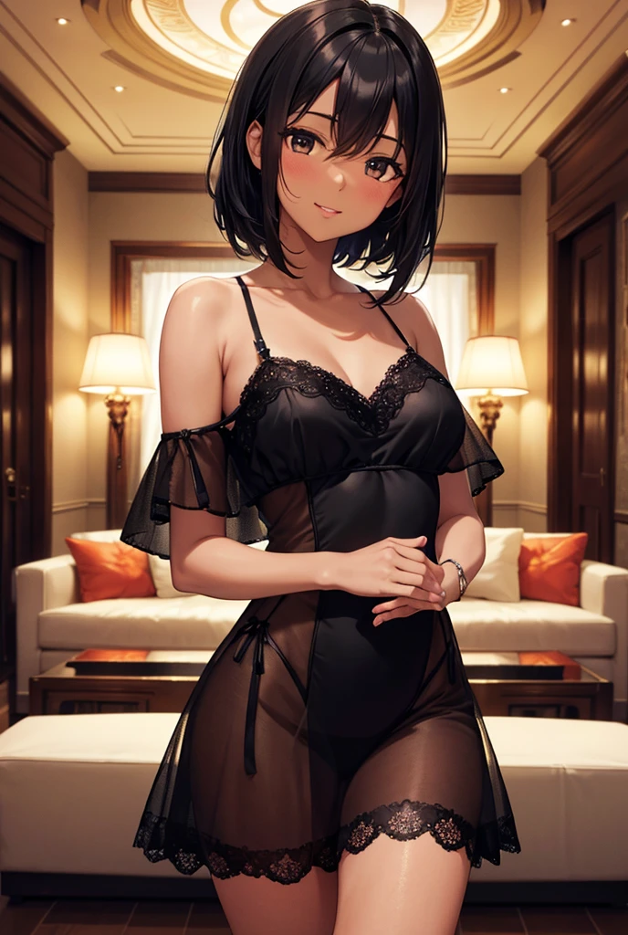 masterpiece,best quality,ultra detailed　,1girl　 ,black hair　 ,medium hair　 ,wavy hair Neat dress