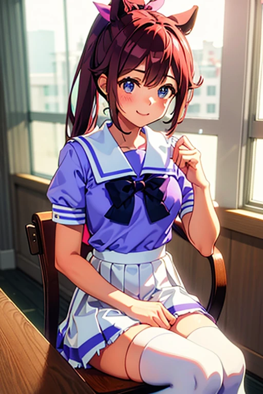 Tokai Teio,smile,high ponytail,fake animal tails,girl,best quality,tracen school uniform, sailor collar, bowtie, purple shirt, sailor shirt, short sleeves, white skirt, white thighhighs,white kneehighs,Narrowed sleeves, long chair,sitting,blue line on the edge of the white skirt,