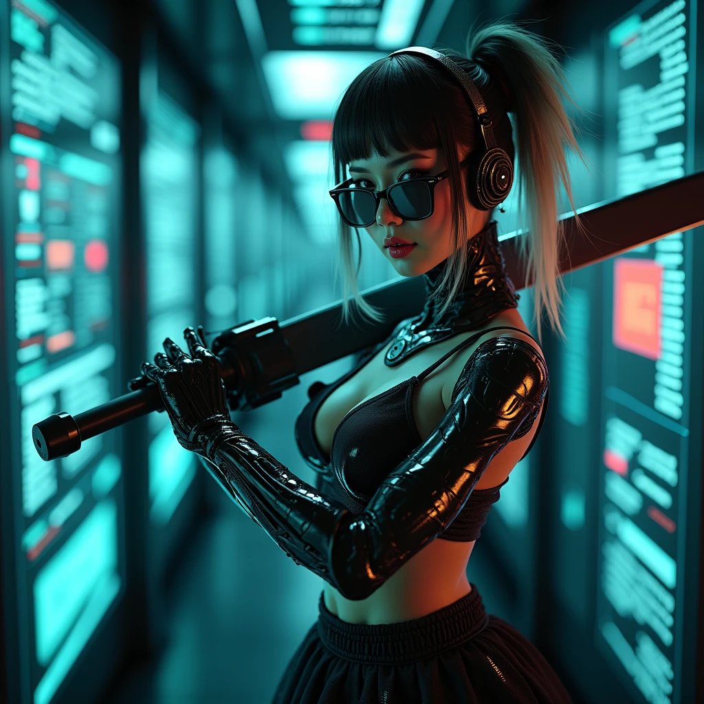 cyberpunk female assasin with flamethrower, nightvision, and electroshock gloves, jet boots and gasmask