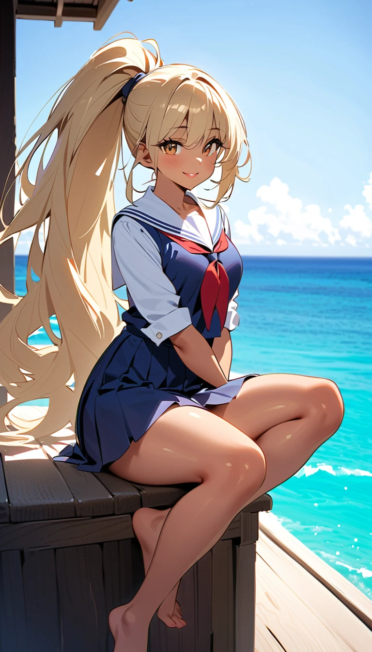 Top quality, super detailed, accurate depiction, highly detailed 8k wallpaper, (a blond), (deep skin, dark skin:1.1), Gal, grin, (white sailor school uniform top short_sleeves), red tie, (school swimsuit), blue one-piece swimsuit, sailor collar, loafers, (white thighhighs), arms behind back, (flat_chest, cleavage, wide hips), classroom,