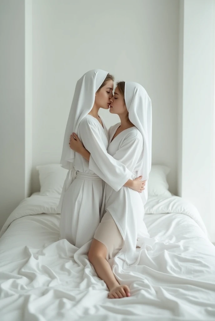 Naked man and maid in hijab, stripping each other naked, in love kissing and showing them nude