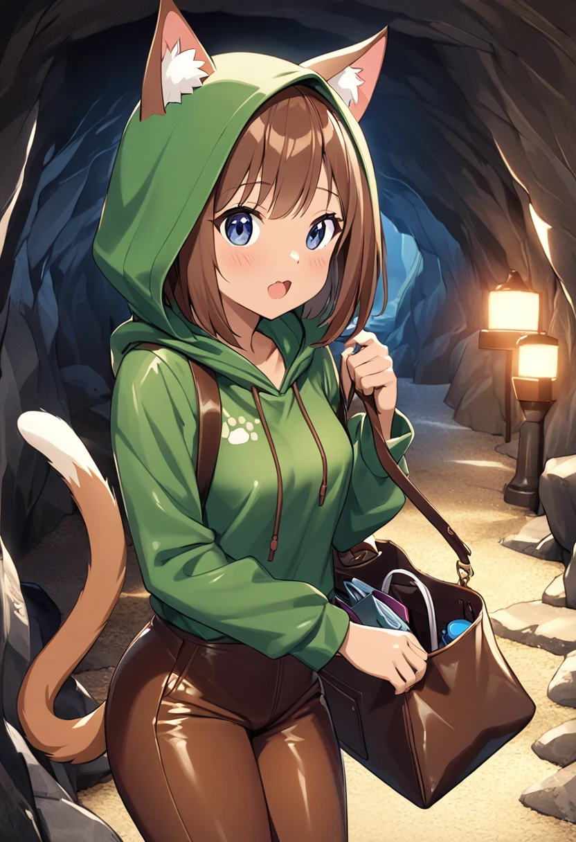 Best Quality、  one girl playing pranks、Slender body、  small breasts、  shiny brown hair 、 3 red whiskers pattern 、  short bob、 Cat ears and tail、 dark blue eyes、light brown skin、Proud look、Green hood、Brown leather outfit 、cave、 I'm packing my treasure in my bag、be happy