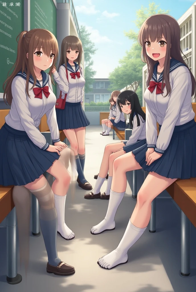 highest quality,masterpiece, ((2 girls:1.5)), (cardigan), Put your knees on your chest:1.5, (smile:1.5), ((high school student)), ((classroom:1.5)), blush:1.3, (White panties:1.5)