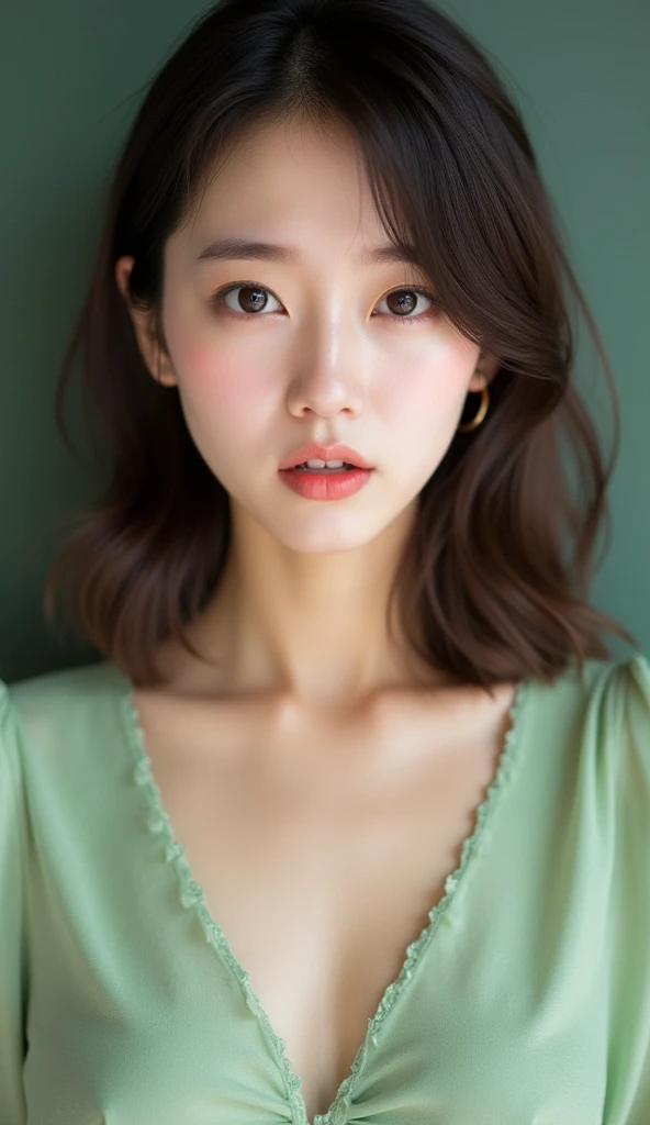 Picture of a woman's face 、( sharp focus ), From below, ( please kneel and look upward:1.10), ((Open your mouth: 0.3 (Ultra-detailed beautiful faces:1.10), (Ultra-detailed beautiful slim body:1.9), 21 years old, ( Super Detailed Beautiful Japanese Beauty Female Idols:1.7), ( troubled face:1.3), Woman in the center of the image, break,  photorealistic,  hyperrealism,  portrait of young adorable Japanese face, Japanese facial features,  Young and Cute Skinny Oriental Faces, 21 years old idol with a cute face,  beautiful Japanese girl's face , Japanese facial features,  she has a lovely look , ( Light Green Sparkling Evening Dress :1.5), full body shot, cleavage