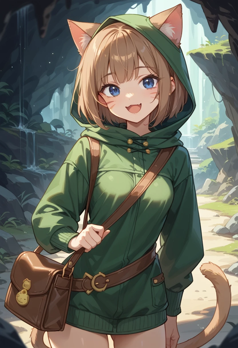 Best Quality、  one girl playing pranks、Slender body、  small breasts、  shiny brown hair 、 3 red whiskers pattern 、  short bob、 Cat ears and tail、 dark blue eyes、light brown skin、Proud look、Green hood、Brown leather outfit 、cave、 I'm packing my treasure in my bag、be happy