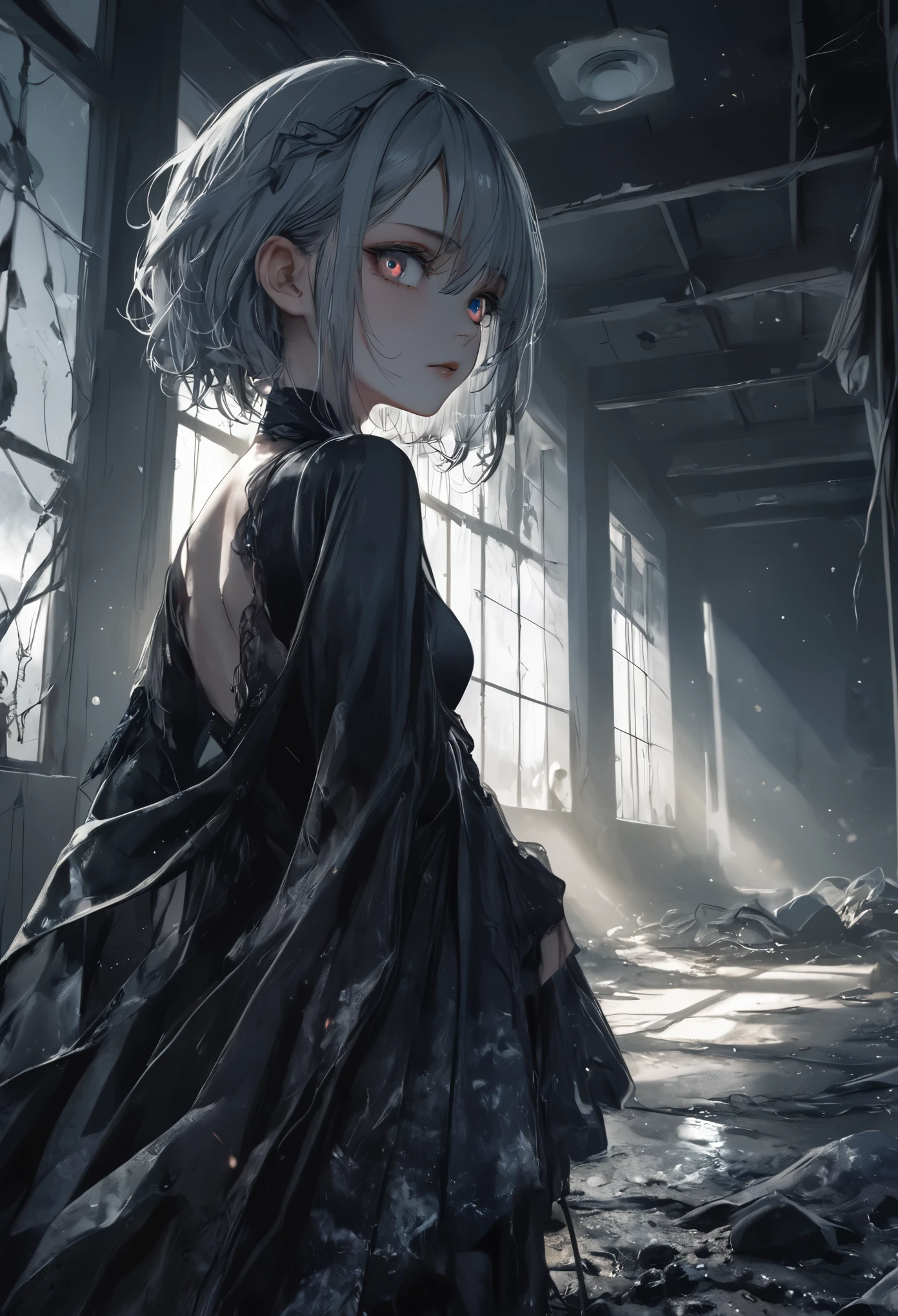 masterpiece, best quality, 8k, highres, ultra-detailed, HDR, UHD, ultra-fine painting,naked girl,fullbody,silver hair,side pony tail hair,girl close up,dark gothic, glowing dark eyes, black dress flowing,faint mist surrounding her, ominous and unsettling, abandoned hospital, cracked walls and floor, broken bed, debris scattered on the ground, dim lighting, eerie atmosphere,  soft light casting shadows, dark and mysterious mood, horror theme, supernatural presence