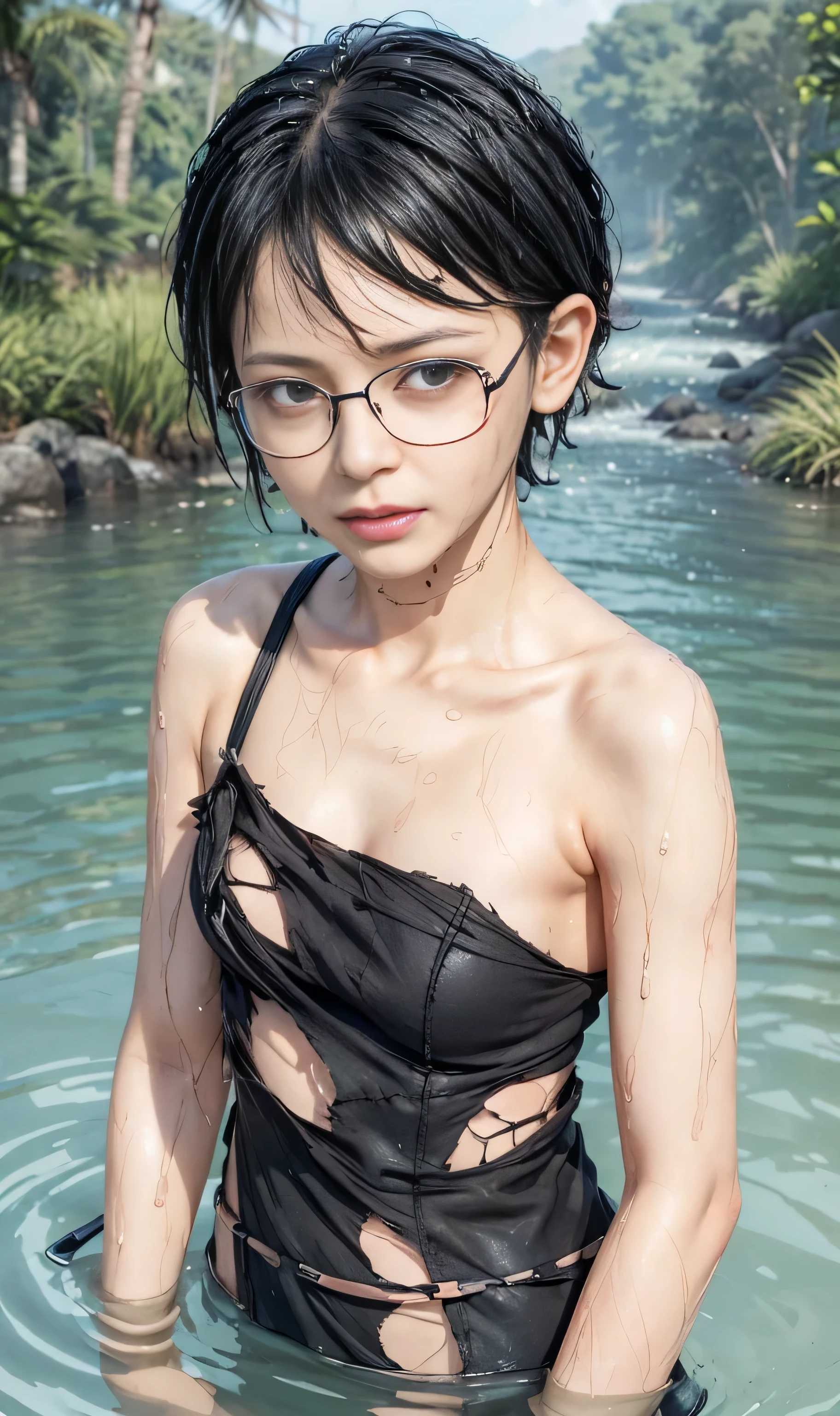 masterpiece, best quality, (realistic,photo-realistic:1.4), (RAW photo:1.2), extremely detailed CG unity 8k wallpaper, delicate and beautiful, amazing,finely detail, official art, absurdres, incredibly absurdres, huge filesize, ultra-detailed,extremely detailed eyes and face,light on face,sarada,(little smile:1.2),(black hair:1.4),(very short hair:1.4),nature,sarada uchiha ,(wearing black framed glasses:1.5),(wearing torn dress:1.5),river,(wet body:1.5)