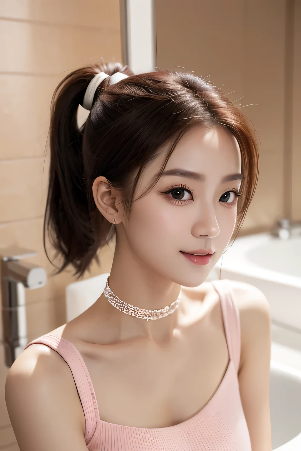 best qualtiy，  Ultra High Resolution ， （realisticlying：1.4），cute hairpin，Baoyu Girl，1girll, Raised sexy，a sense of atmosphere，Royal Sister，Beautiful woman with a slim figure:1.4, abs:1.2, (High ponytail, mideum breasts:1.3), Pink cropped sweater:1.4, bathroom,Ultra-fine face，Elaborate Eyes，double eyelid，ssmile，choker necklace