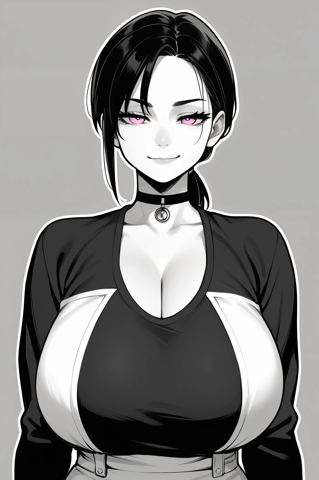 score_9, score_8_up, score_7_up, score_6_up, source_anime, 1girl, solo, leyley, black hair, low ponytail, short ponytail, pink eyes, pale skin, choker, black shirt, long sleeves, cleavage, monochrome, greyscale, outline, looking at you, huge breasts, smirk, upper body, portrait, grey background, half closed eyes, simple background
