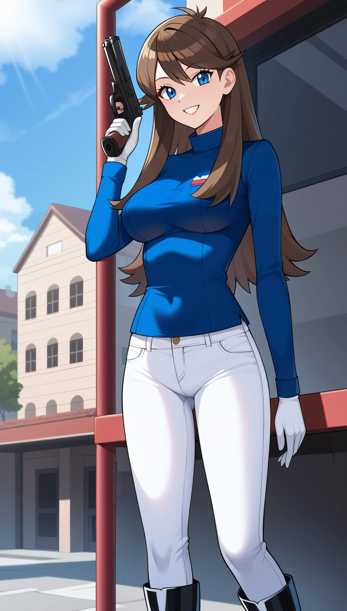  score_9,  score_8_Excellent,  score_7_Excellent,  score_6_Excellent, Best Quality, sauce_Anime,  cell shading ,  flat color, vector,  detailed background, town, Break 1 Girl, Alone, (\ Pokémon\), Brown Hair, Long Hair,  blue eyes, White long sleeve military uniform , Ample breasts,  viewers, 1 Female, Age 18,  I'm putting one hand on my waist, whole body,  Slim Body , Outdoor, Black boots,  Seductive Smiles,  sexy smile, White jeans, Pistol, building,  tall,  is standing,
