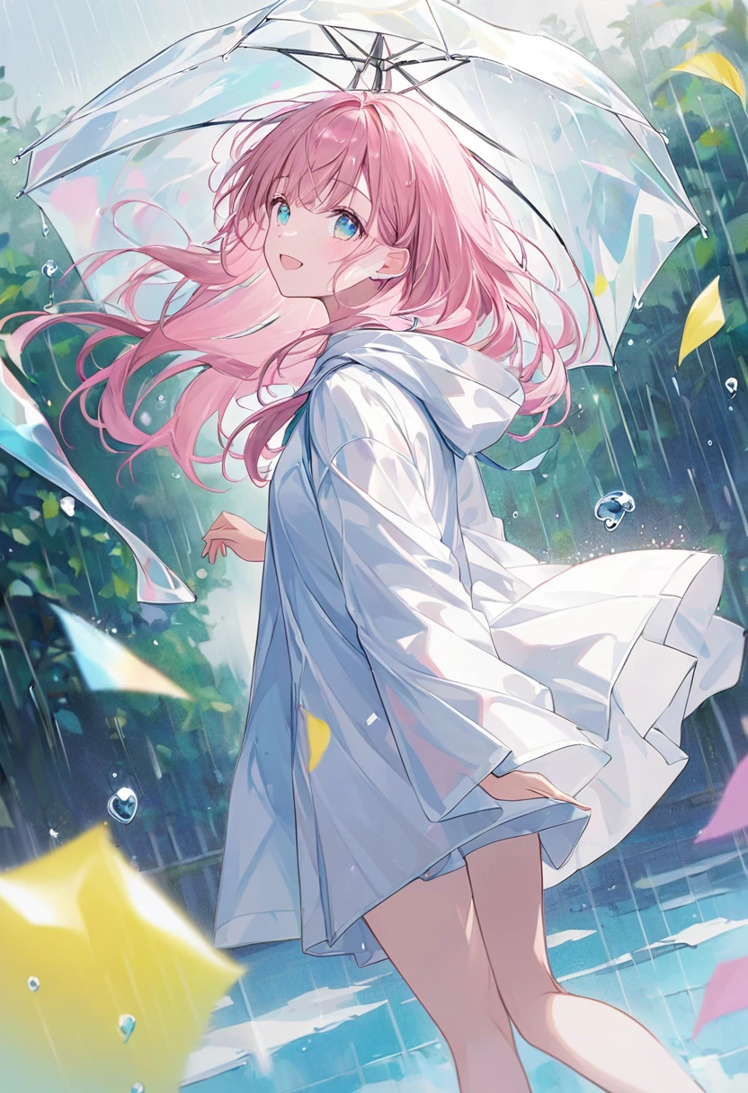 ((pastel))、1 woman,whole body,Woman looking back,Look this way,((Careful depiction)), gradation eyes ,Teary-eyed,Pink Hair, white t-shirt , falling apart raincoat, a step forward ,There is hope,Laughter,happiness, The background is a rainy day , Moderate Blur ,Light, strong vignette masterpiece ,Best Quality,Exquisite,8k, absurd, super detailed illustrations on white paper ,( Viewers )