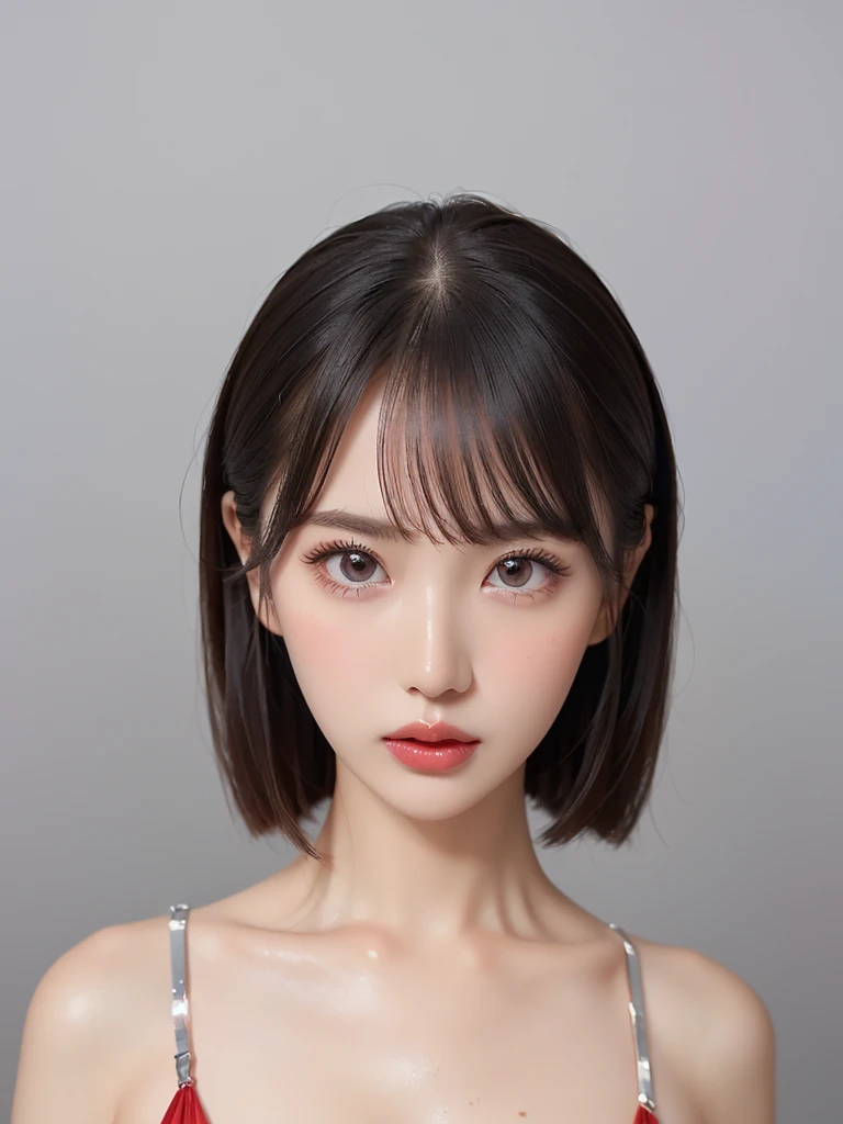  girl, bangs,(wacky dress :1.3,Fantastic dress:1.1),  gray background,  hair between eyes , Big Breasts,   viewer,  open lips, red eyes,   simple background, Alone,((Creative hairstyle)),(shiny skin),(masterpiece:1.4),(Best Quality:1.4),Red lips,Huge,,((( detailed face,Clear Face, full body shot))),( detailed face,detailed expression)