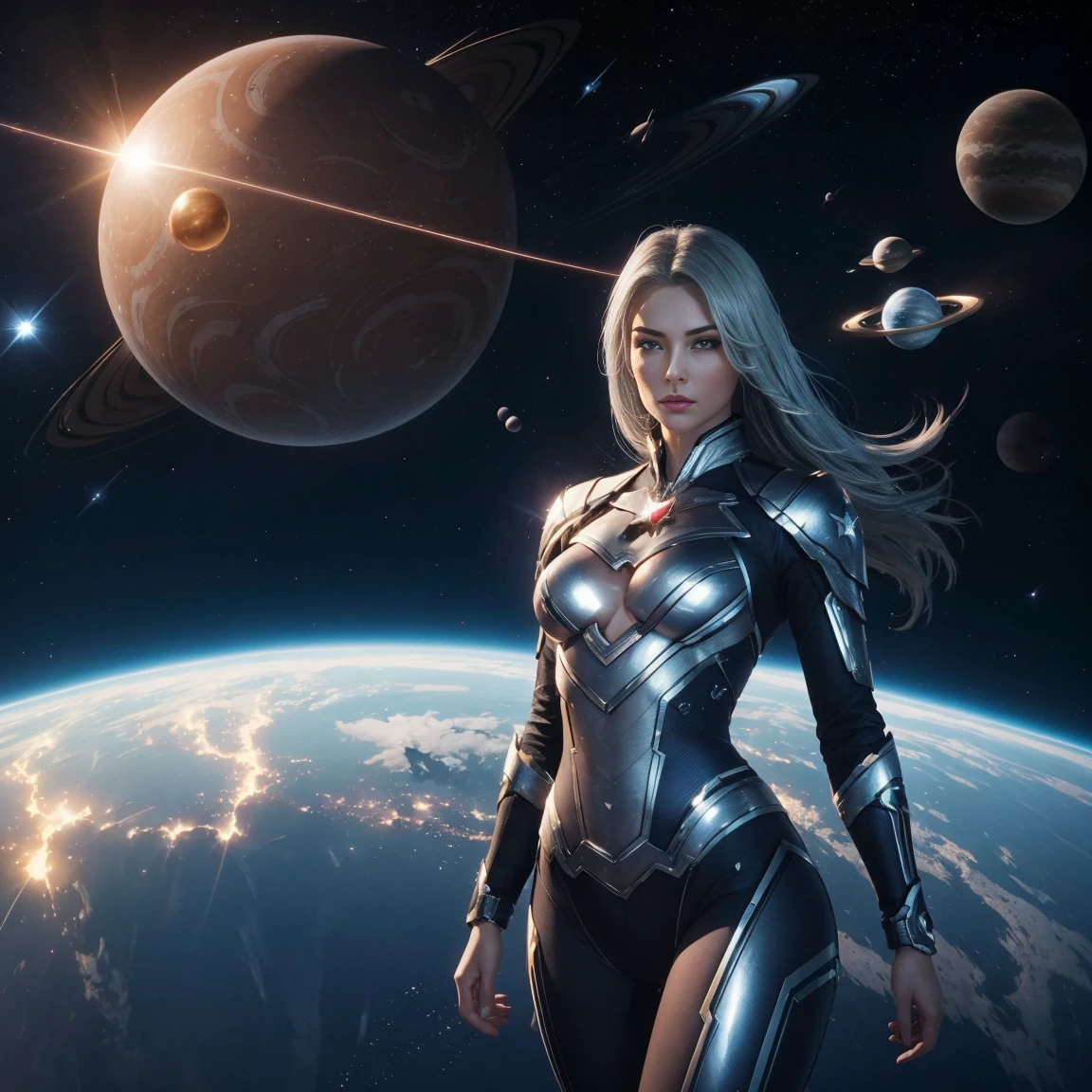  High resolution,  tall details ,  lyrics,  photorealistic ,  unreal engine , Women (steel heart )  character from Silver Hawk . very sexy with her shiny steel suit very close to the body.  Very sensual her body .  Flying in space .  Surrounded by planets with rings moons .  Small planets , a sun. many stars