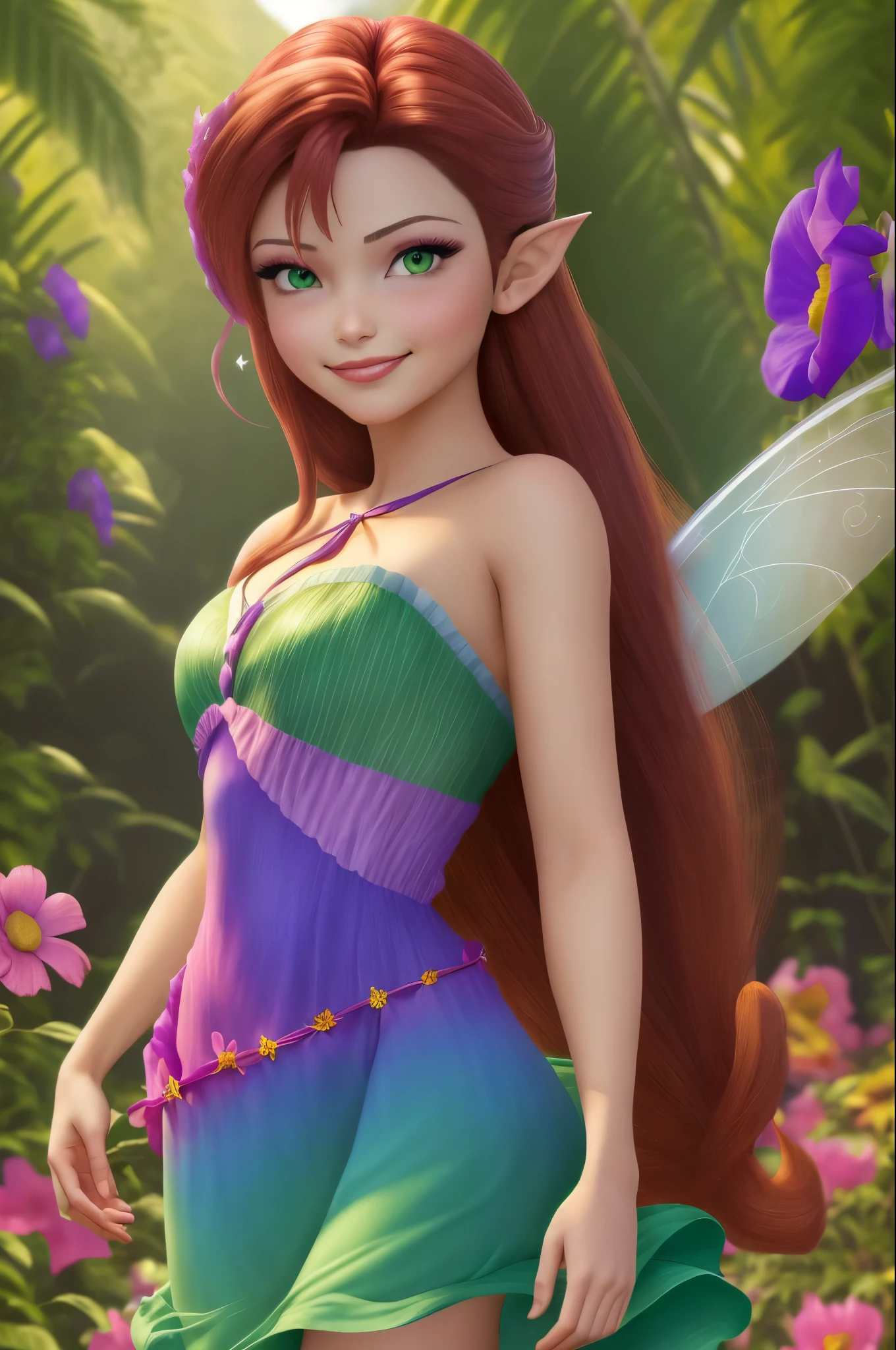 masterpiece, 8k, perfect ligthing, , adult, female, cowboy shot, looking at viewer, (body to the right), looking back, cinematic lighting, Rosetta, (RosettaWaifu:1.1), Hair curled at the ends, (dress:1.8), (extra long white fairy wings), long wings, pink clothes, clothes made from petals, Auburn Hair, (pointy ears), (detailled eyes), green eyes, emerald eyes, shrunken, (smirk:1.3), blush, pixiedust, jungle, ((flowers)),