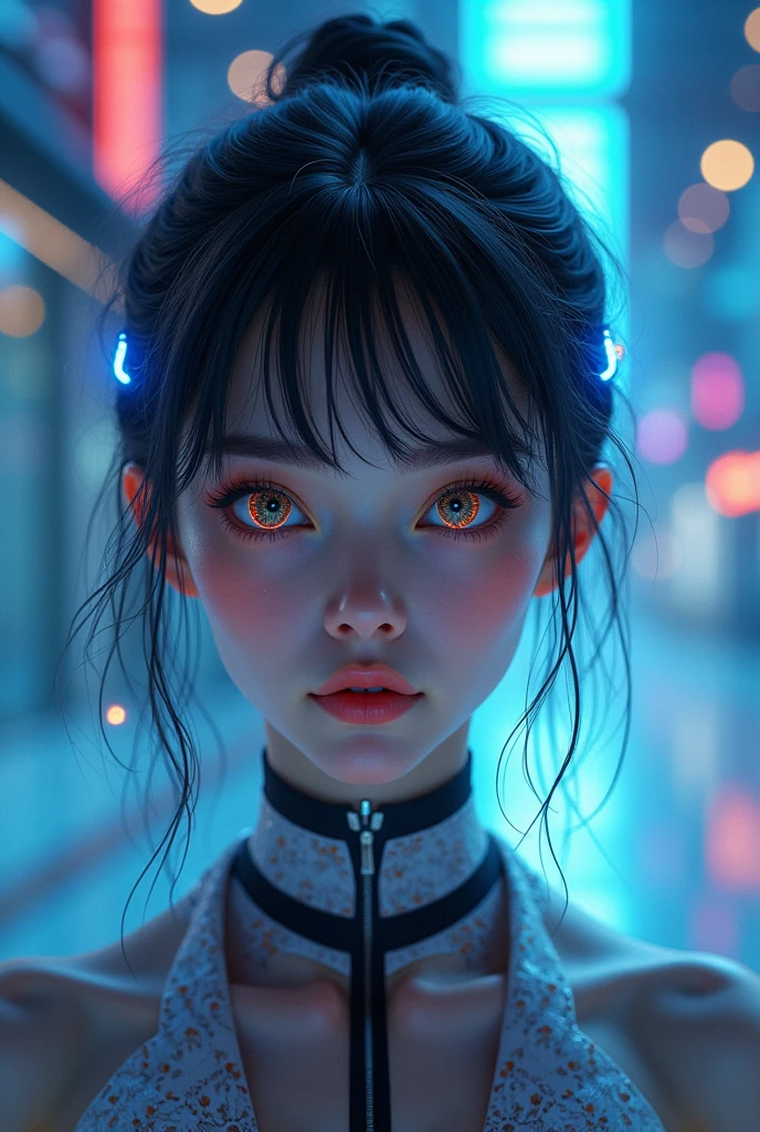 photo realistic a futuristic junior high student in cyberpunk style,stunning goddess beauty, kaleidoscopic time to time, intricate detailed, dramatic lighting