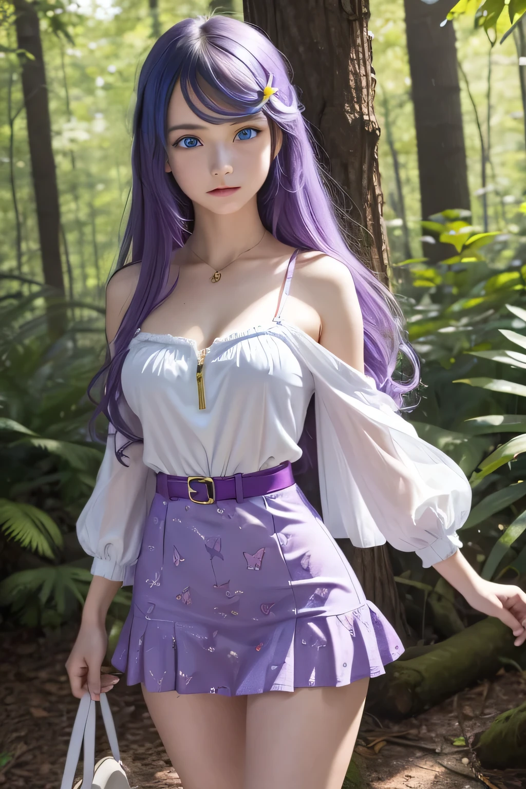 1girl,Anastasia Hoshin, long hair ,( blue eyes :1.5), CABELLO MORADO, purple hair, CABELLO MORADO, swept bangs, hair ornament,transparent polyester sundress mini skirt with butterfly print for women with open zipper and straps with strap buckle with drawstring details,Star hair ornament,neckline,DD size breasts, big breasts shirt, waist 50cm, wide hips and hips 70 cm , in the woods...