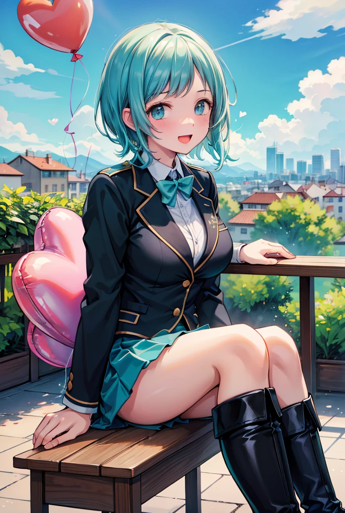  1 girl, solo,  high resolution on down,  Short Hair,  big breasts at the temple, smile, (( Teal Eyelids)),  golden hair , ,  high resolution on down, masterpiece, accurate,  anatomically correct, 最 high quality,  details, 高い details,  high definition model,  high quality,  very detailed,  textured skin,  Ultra High Definition, Having fun, (((Emphasize the upper body))),  open your mouth, (( heart balloon)), ((( blazer uniform))),  Swiss cityscape ,  miniskirt, Swiss cafe , Terrace seats, Sitting on a chair, Summer countryside background, noon, blue sky, ((Black boots)),