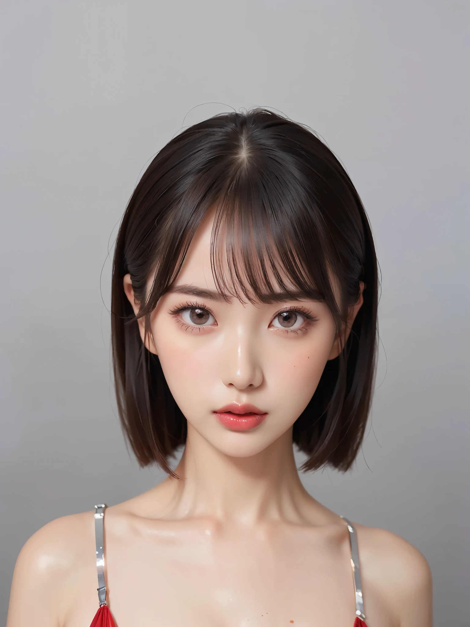  girl, bangs,(wacky dress :1.3,Fantastic dress:1.1),  gray background,  hair between eyes , Big Breasts,   viewer,  open lips, red eyes,   simple background, Alone,((Creative hairstyle)),(shiny skin),(masterpiece:1.4),(Best Quality:1.4),Red lips,Huge,,((( detailed face,Clear Face, full body shot))),( detailed face,detailed expression)