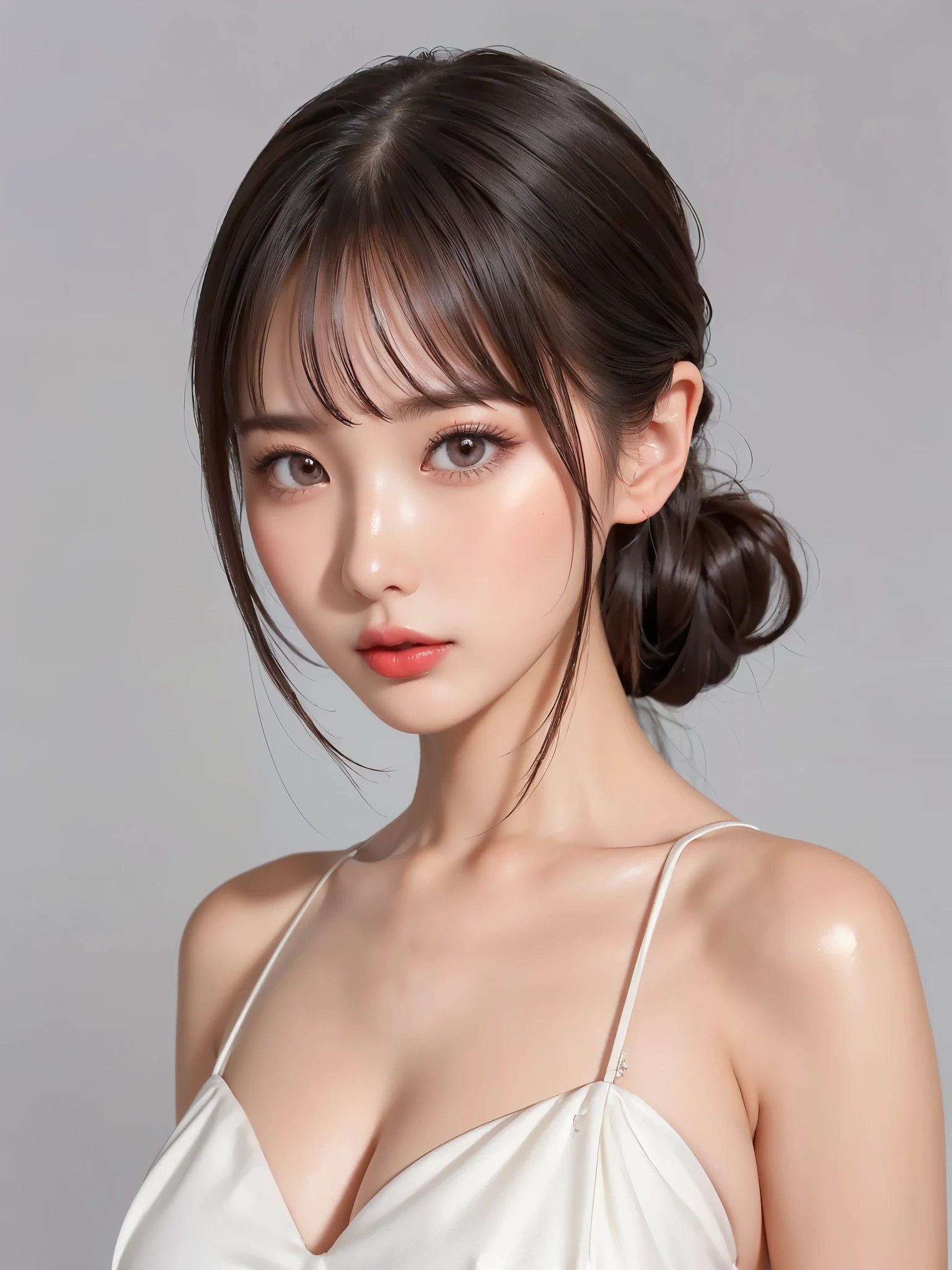  girl, bangs,(wacky dress :1.3,Fantastic dress:1.1),  gray background,  hair between eyes , Big Breasts,   viewer,  open lips, red eyes,   simple background, Alone,((Creative hairstyle)),(shiny skin),(masterpiece:1.4),(Best Quality:1.4),Red lips,Huge,,((( detailed face,Clear Face, full body shot))),( detailed face,detailed expression)